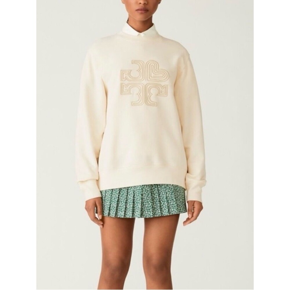 Tory Burch Sport Ivory Pearl Heavy French Terry Heart Logo Pullover Medium